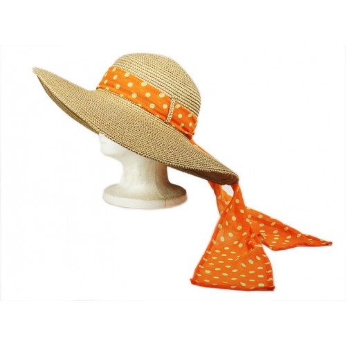 Wide Brim Straw Hat w/ Polka Dot Chiffon Ribbon - Orange -HT-SHT2412OG